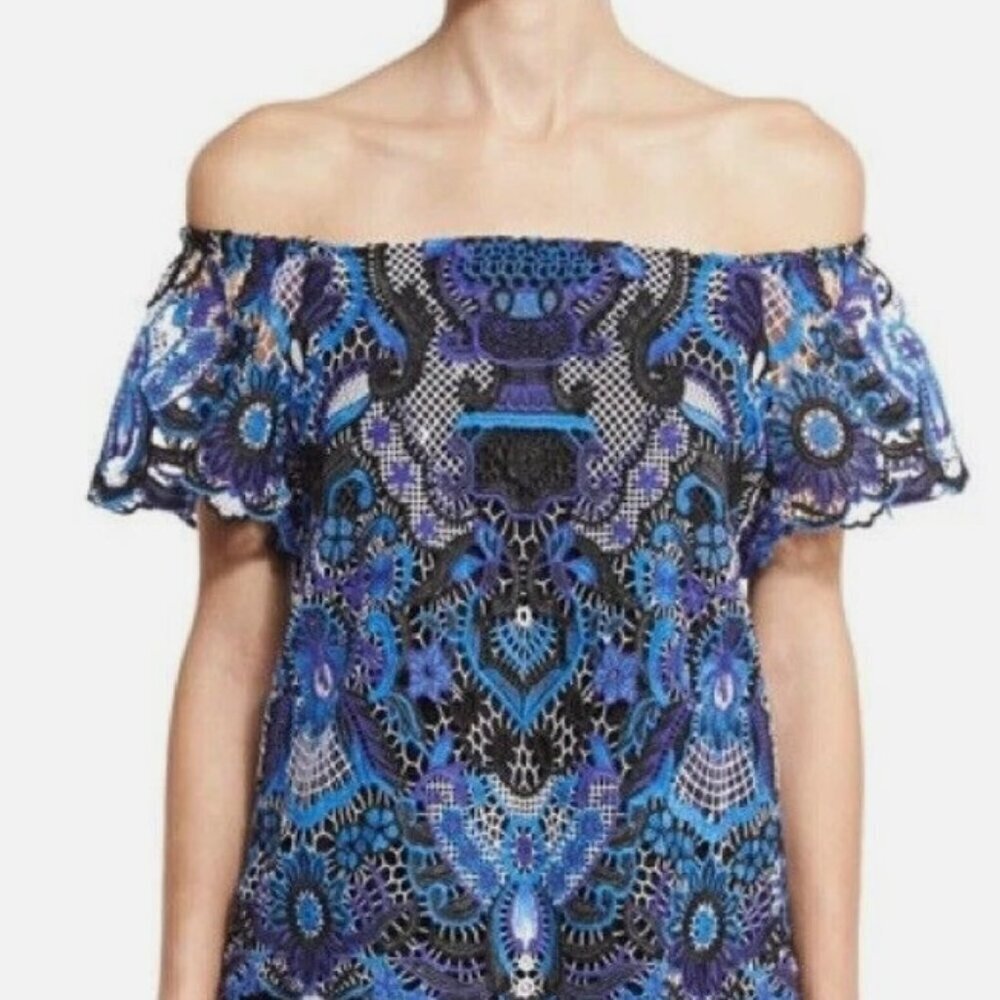 Alice + Olivia Guipure Rococco Blue and Black Lace Off-Shoulder Top Size Small